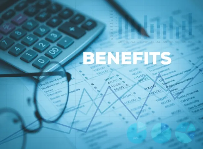 Calculator, glasses, and financial charts with the word 'Benefits'.